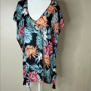 Kona Sol Black and Orange Swim Coverup Flowing V-Neck